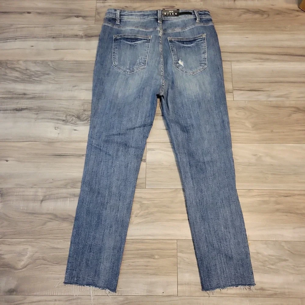 RISEN High Rise Jeans Womens 32/15 Blue Distressed Skinny Denim  Raw Hem  NEW